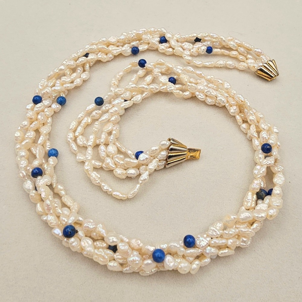Vtg Multi Strand Freshwater Pearl Necklace 18" Blue Bead Gold Tone Box Clasp